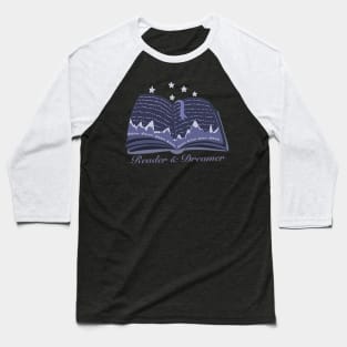 Reader and dreamer dark blue book design with mountains and night sky panorama Baseball T-Shirt